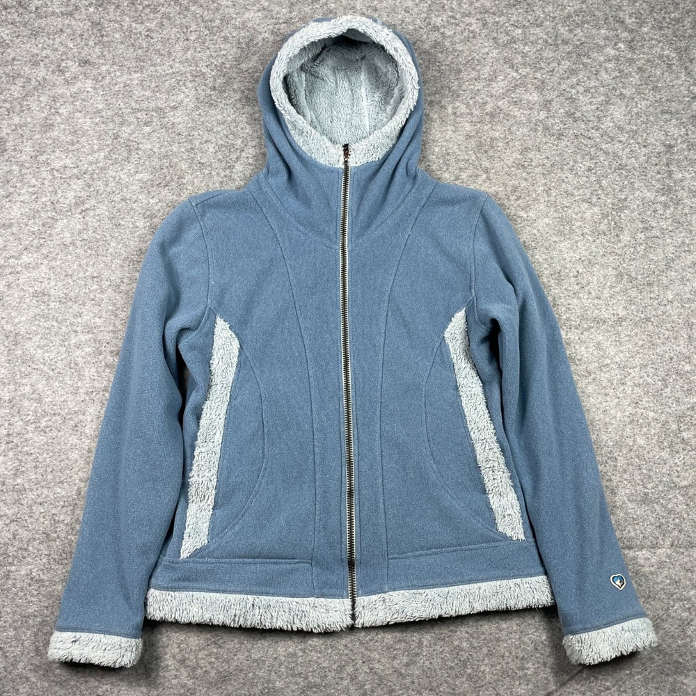 KUHL Flight Hoodie Womens L Blue Fleece Full Zip Faux Shearling Trim Jacket
